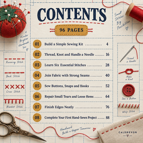 Contents pages with chapter start numbers for Sewing by Hand, Made Simple.