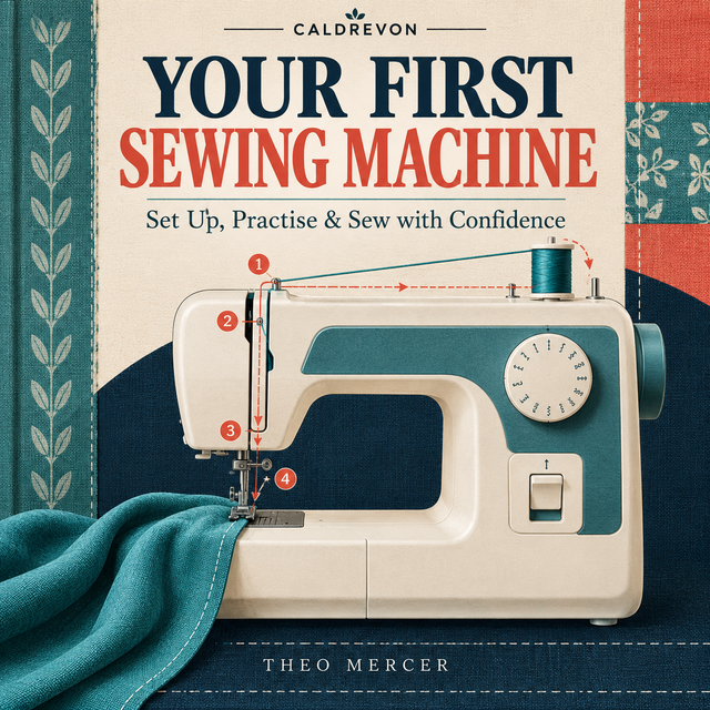 Cover of Your First Sewing Machine, a CALDREVON digital sewing guide.