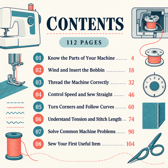 Contents pages with chapter start numbers for Your First Sewing Machine.
